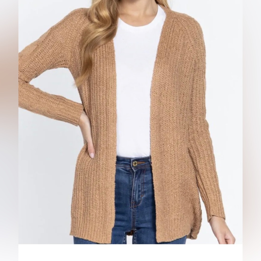 🍂 Khaki Cardigan Sweater Open Front Cable Knit Detail Premium Quality - Picture 3 of 5